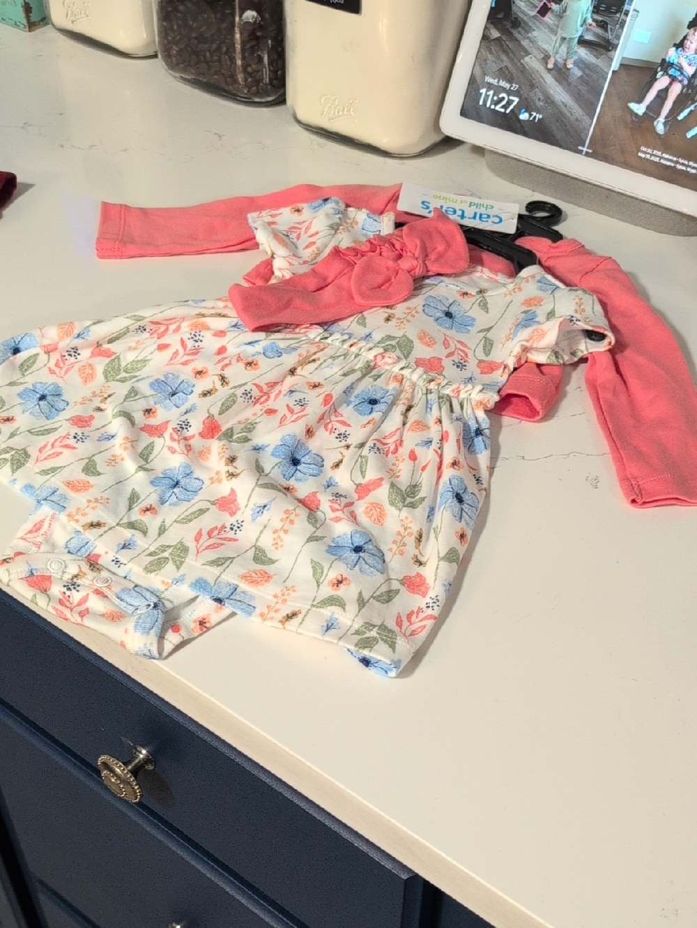 Carter's Floral Dress with Coral Bolero - White, Blue, Coral, Green